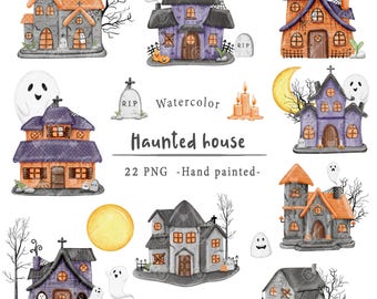 Op de afbeelding: Een set van 22 aquarel illustraties van spookhuizen. De huizen zijn geschilderd in verschillende kleuren, waaronder paars, oranje, grijs en bruin. Elk huis heeft unieke details, zoals ramen, deuren, schoorstenen en daken. De illustraties zijn perfect voor Halloween-decoraties, knutselen en scrapbooking.