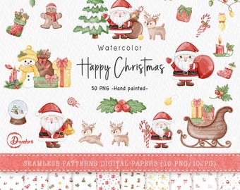 Watercolor Christmas Clipart, Christmas clipart, Santa Claus Clipart, Cute Christmas Watercolor, Christmas PNG, Christmas Ornament Clipart