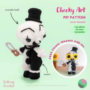 Pode incluir: Uma boneca amigurumi de crochê com uma cartola preta, uma roupa preta e branca e uma cabeça giratória. A boneca tem um design de palhaço e segura uma pequena alça. A imagem inclui o texto "Cheeky Art PDF Pattern".