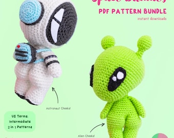 2 in 1 Space Buddies - Crochet PDF PATTERN BUNDLE | cute, astronaut, alien, space, galaxy, stars, planets, booty, amigurumi plush dolls