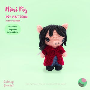 Könnte beinhalten: Ein gehäkeltes Amigurumi-Ferkel mit rotem Mantel und blauer Jeans, mit schwarzen Haaren. Der Text "Mini Pig PDF Pattern" steht oben. Der Text "US Terms. Beginner-Intermediate" ist ebenfalls sichtbar.