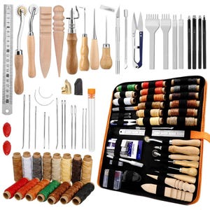 DIY Large Leather Working Tools KIT for Beginners/Professional Leather Craft Kit Waxed Thread Groover Awl Stitching Punch for Leathercraft
