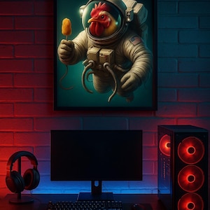 Space Chicken Eating Nuggets - Funny Wall Art Print