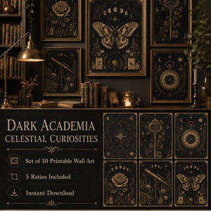 May include: A set of ten printable wall art prints with a dark academia aesthetic. The gold-toned illustrations on a black backdrop depict celestial and botanical themes, including a rose, telescope, butterfly, key, and compass.