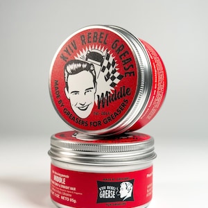 Classic oil-based authentic handmade hair pomade Kyiv Rebel Grease Middle. Hair cosmetic middle hold, moderate shine. Men’s grooming gift.