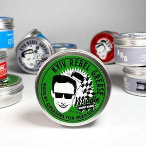 Classic waterbased handmade hair pomade Kyiv Rebel Grease Middle WaterBased. Hair cosmetic middle hold, moderate shine. Men’s grooming gift.