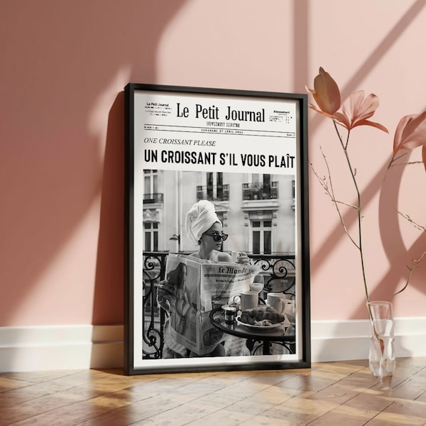 Trendy Newspapers Print, Retro Wall Art, Croissant, Paris, Vintage Bar Cart Art, Girly Dorm Apartment Aesthetic Art | Instant Download