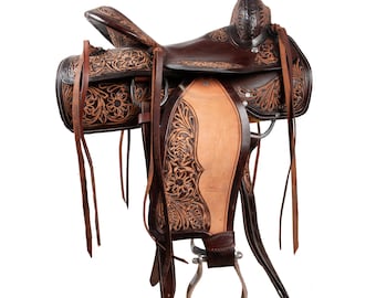 Tooled Leather Western Saddle: Hand Carved Horse Barrel Racing Saddle