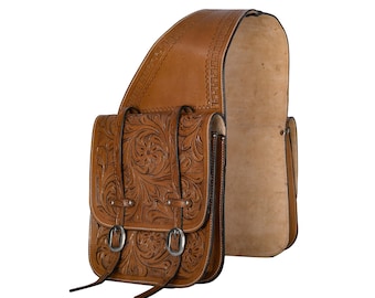 Hand Tooled Buffalo Leather Western Saddle Bag: Trail Riding Gear