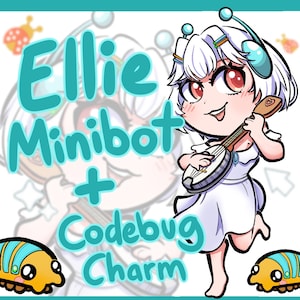 May include: A cartoon illustration of a white-haired girl with blue antennae playing a banjo. The text "Ellie Minibot + Codebug Charm" is written in a colourful font on a turquoise background.