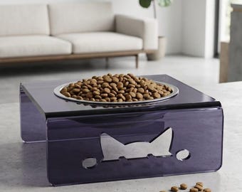 Elevated Cat Bowl Stand, Smoked Acrylic Cat Feeder with Stainless Steel Bowl, Modern Ergonomic Raised Cat Feeding Station