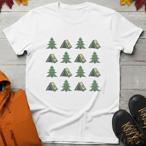 Camping Muster T-Shirt, Tent & Pine Tree Grid, Outdoorsy Glamping Tee