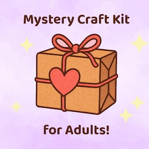 May include: A cartoon illustration of a brown gift box tied with a red ribbon and heart. The text "Mystery Craft Kit for Adults!" is displayed in brown font on a purple background with yellow star accents.