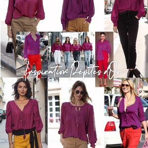 Chemise légère douce en viscose tissu tombant couleur fuchsia manches chauve souris bouffantes épaules beaux détails froncés aux épaules image 10