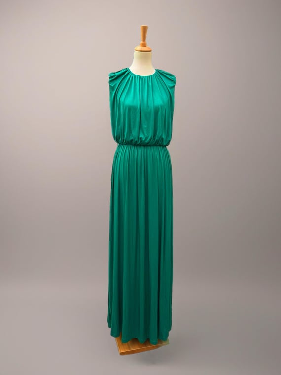 A Unique Emerald Green Goddess Dress in Soft, Vintage Fabric, Elastic Waist, Long