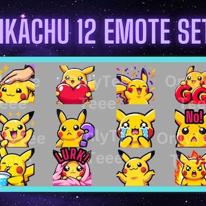Pikachu 12 emote set! premade set of pikachu emotes for use with twitch, discord, youtube and other social media platforms!