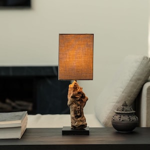 May include: A table lamp featuring a rectangular lampshade in a warm brown colour. The base is crafted from natural wood, providing a rustic aesthetic. The lamp sits on a dark surface, with a neutral backdrop.