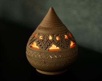 Handcrafted Burnt Orange Teardrop Ceramic Tealight Candle Holder. Cozy Autumn Home Accent Boho Gift