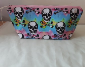 Handmade Large Zipped Pouch With Skull Design Pencil Case Makeup Bag Craft Storage Pink and Blue