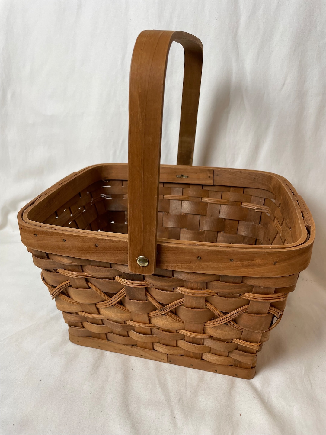 Vintage Medium Wood Woven Basket With Handle - Etsy