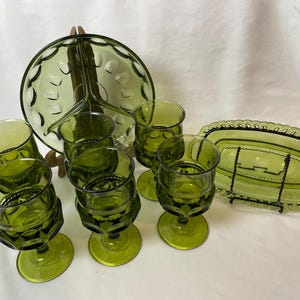 8 Piece Vintage Indiana Avocado Green Glass Kings Crown Thumbprint Goblets, Tray, Divided Dish