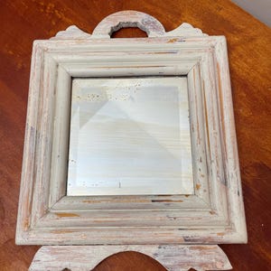 Vintage 12” Tall Off White Distressed Wood Framed Mirror, Ornate Frame With Legs