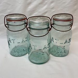 3 Vintage Atlas E-Z Seal Aqua Blue Glass Quart Mason Canning Jars With Glass Lids & Wire Closure