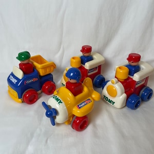 Lot of 4 Vintage TOMY Push N Go Vehicles, Trains, Truck & Airplane