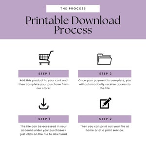 May include: A purple and white graphic with the text "Printable Download Process" and two steps for downloading a digital file. Step 1: Add the product to your cart and complete your purchase. Step 2: Download the file from your account.