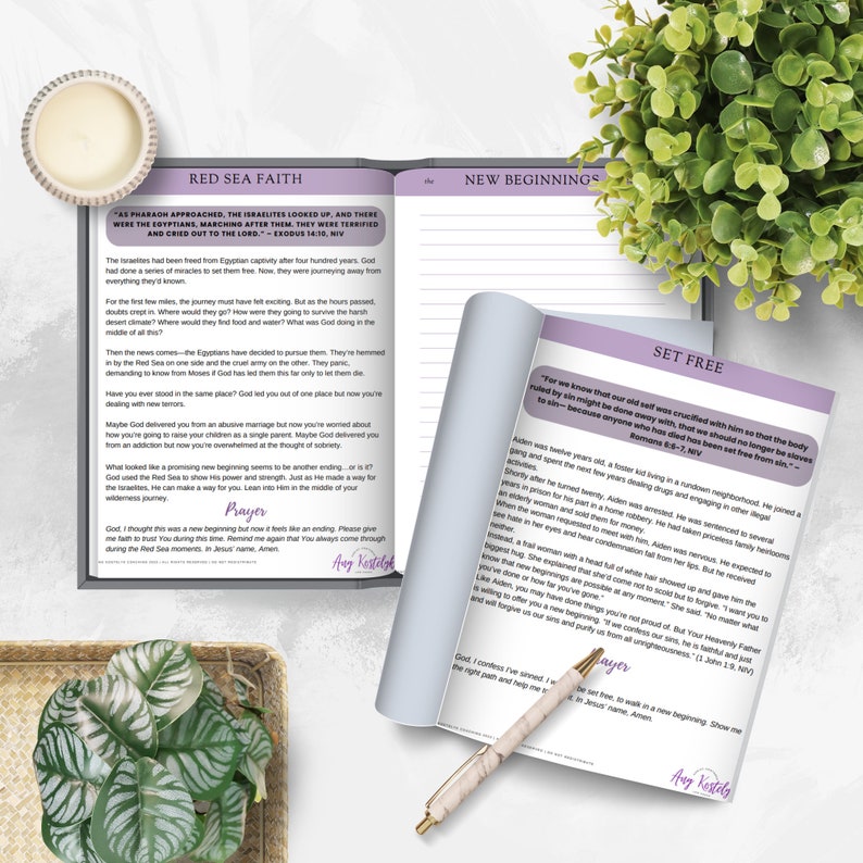 May include: A close-up of two open pages from a journal with the text "Red Sea Faith" and "New Beginnings" on the top of each page. The pages are filled with handwritten text and inspirational quotes about faith and new beginnings. The text includes the Bible verse "For we knew that our old self was crucified with him so that the body ruled by sin might be done away with, that we should no longer be slaves to sin&mdash;because anyone who has died has been set free from sin." - Romans 6:6-7, NIV.