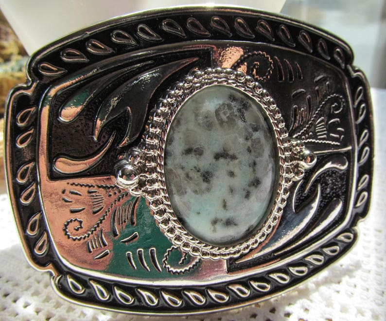 Belt Buckle of Silvertone Metal with Black Enameling and 40x30mm Sesame Jasper Cabochon