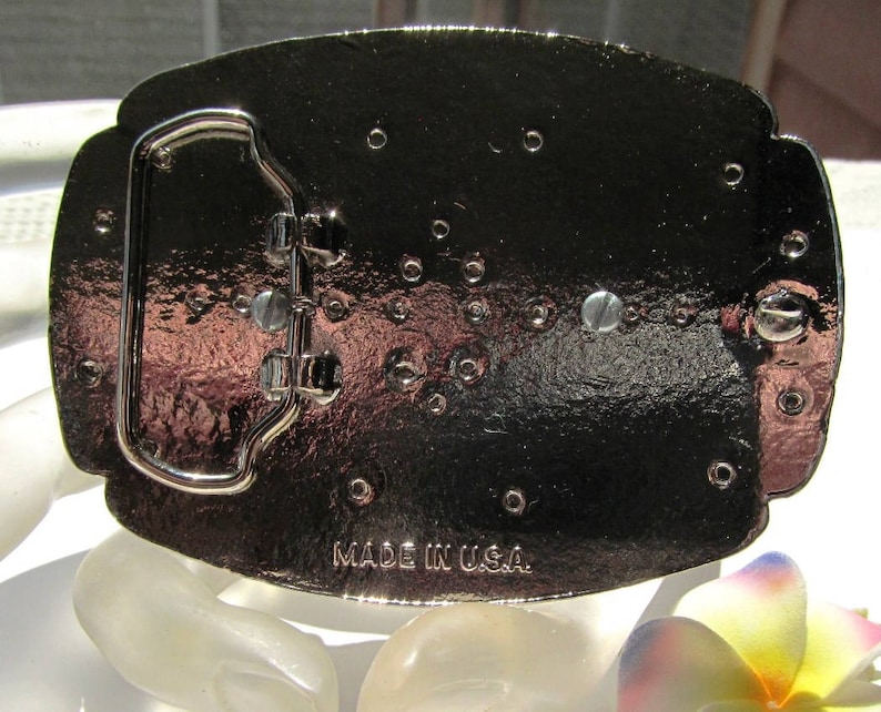 Belt Buckle of Silvertone Metal with Black Enameling and 40x30mm Sesame Jasper Cabochon