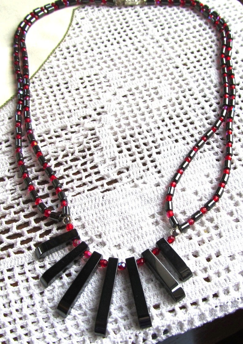20 inch Necklace Two Strand Hematite Beads and Crystals with Hematite Fan or Bib Focal