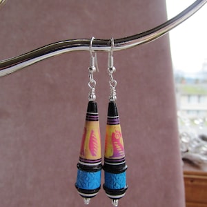 Multicolored Hand Painted Porcelain Beaded Earrings, Inca Design, Silver-plated