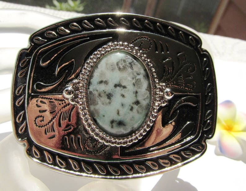 Belt Buckle of Silvertone Metal with Black Enameling and 40x30mm Sesame Jasper Cabochon