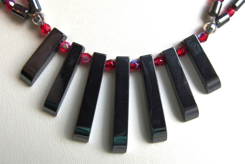 20 inch Necklace Two Strand Hematite Beads and Crystals with Hematite Fan or Bib Focal
