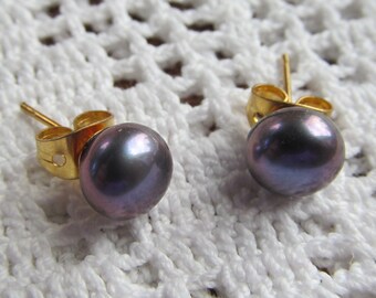 7mm Freshwater Half drilled Peacock Pearls Post Earrings in Gold Plate or Surgical Stainless
