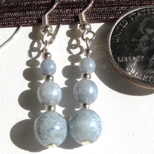 Dangle Earrings of Three Graduated Blue Granite Finish Druk Beads Silver Plated Findings