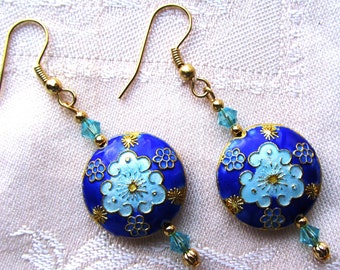 Blue 20mm Flat Coin Celestial Cloisonne Dangle Earrings with Swarovski Crystals