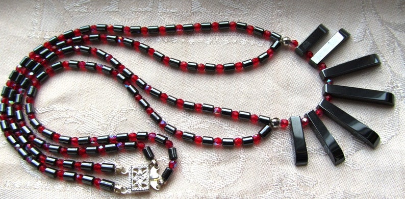 20 inch Necklace Two Strand Hematite Beads and Crystals with Hematite Fan or Bib Focal