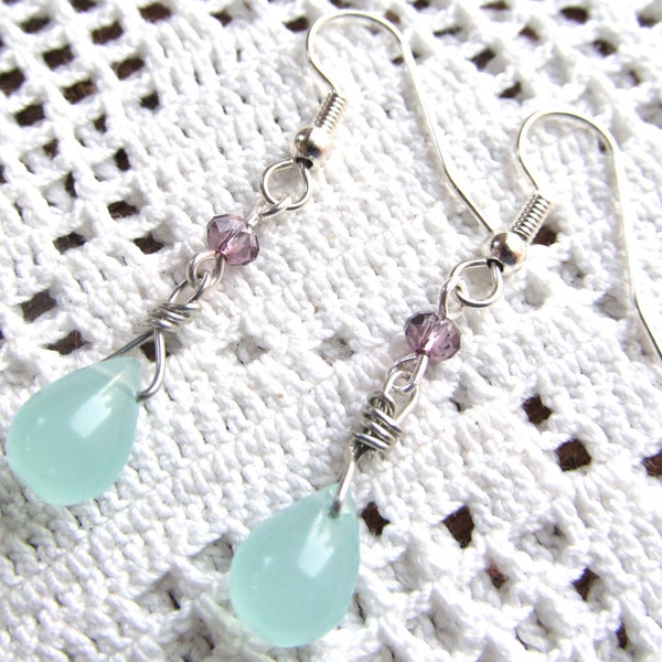 Aqua Chalcedony Teardrop Dangle Earrings with Swarovski Crystal Rondelles