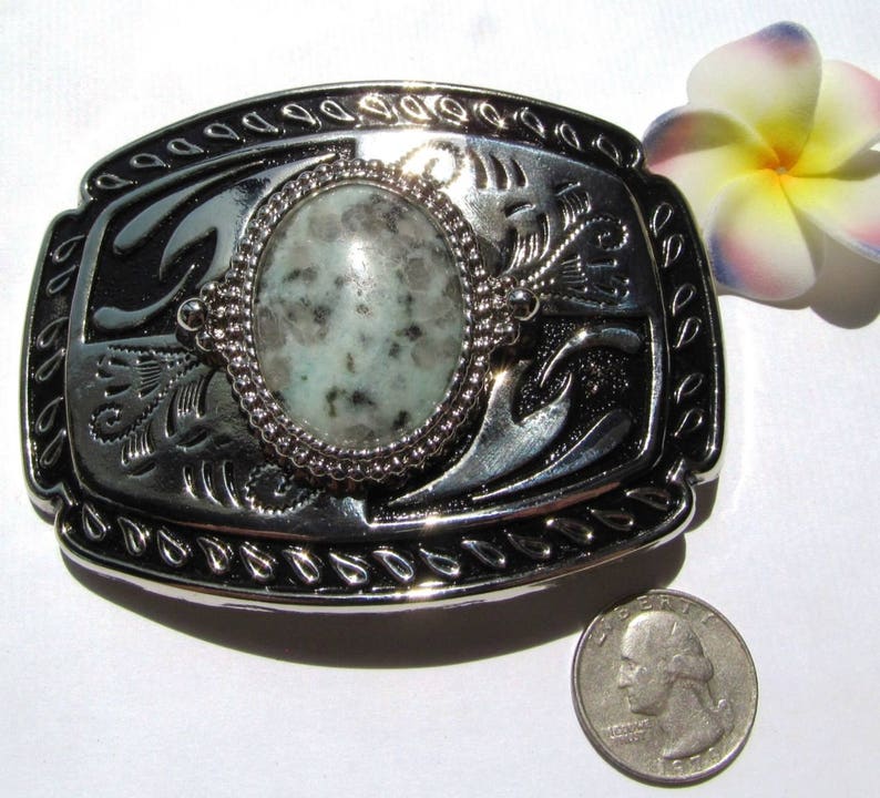 Belt Buckle of Silvertone Metal with Black Enameling and 40x30mm Sesame Jasper Cabochon