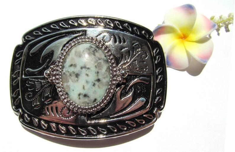 Belt Buckle of Silvertone Metal with Black Enameling and 40x30mm Sesame Jasper Cabochon