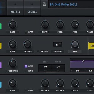 May include: A screenshot of the Serum synthesizer plugin interface, showing the "BA DnB Roller [ASL]" preset. The interface features a variety of controls for manipulating sound, including knobs, sliders, and buttons. The controls are labeled with terms like "Rate", "Depth", "Freq", "Feed", "Phase", "Mix", "Detune", "Retrig", "Unison", "Size", "BPM", "Delay", and "LPF".