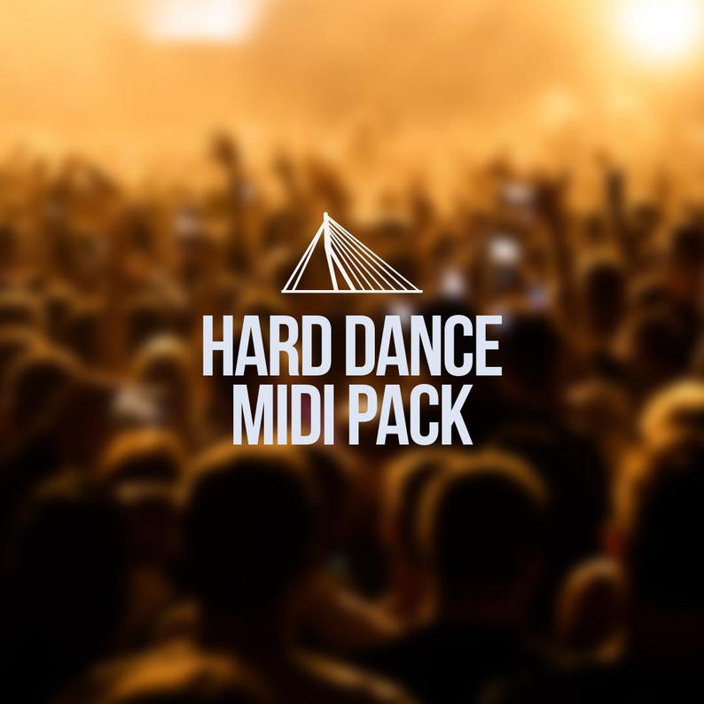 Op de afbeelding: Een wazig beeld van een menigte mensen tijdens een concert of muziekfestival. De tekst "HARD DANCE MIDI PACK" staat in het midden van de afbeelding.
