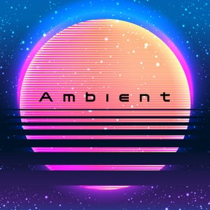 Puede incluir: Un gráfico de estilo retro con un sol rosa y naranja con líneas horizontales y la palabra "Ambient" en texto negro. El fondo es azul oscuro con estrellas blancas.