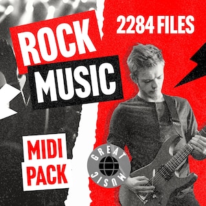 Könnte beinhalten: Eine rote und schwarze Grafik mit dem Text "ROCK MUSIC MIDI PACK" und "2284 DATEIEN". Eine Person spielt eine schwarze E-Gitarre. Die Grafik hat einen weißen Riss mit einem grauen Kreis, auf dem "GREAT MUSIC" steht.