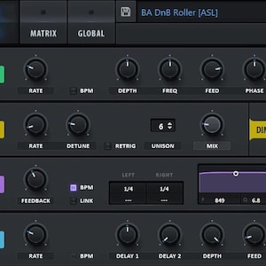 May include: A screenshot of the Serum synthesizer plugin interface, showing the "BA DnB Roller [ASL]" preset. The interface features a variety of controls for manipulating sound, including knobs, sliders, and buttons. The controls are labeled with terms like "Rate", "Depth", "Freq", "Feed", "Phase", "Mix", "Detune", "Retrig", "Unison", "Size", "BPM", "Delay", and "LPF".