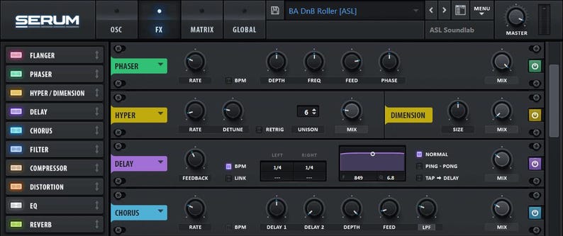 May include: A screenshot of the Serum synthesizer plugin interface, showing the "BA DnB Roller [ASL]" preset. The interface features a variety of controls for manipulating sound, including knobs, sliders, and buttons. The controls are labeled with terms like "Rate", "Depth", "Freq", "Feed", "Phase", "Mix", "Detune", "Retrig", "Unison", "Size", "BPM", "Delay", and "LPF".