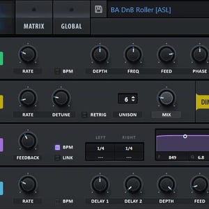 May include: A dark gray digital audio workstation (DAW) interface with various effect controls. The interface features labeled sections for Flanger, Phaser, Hyper/Dimension, Delay, Chorus, Filter, Compressor, Distortion, EQ, and Reverb. Knobs and sliders are visible.